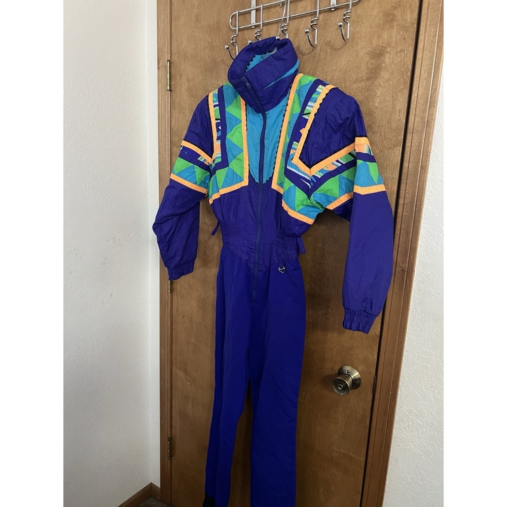 Vintage 80s Color Block Neon Obermeyer One Piece Snow Ski Suit Size 8 No Belt